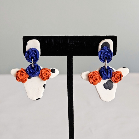 SD Handmade Blue & Burnt Orange Flower Tiara Cow Polymer Clay Dangling Earrings - Picture 1 of 5